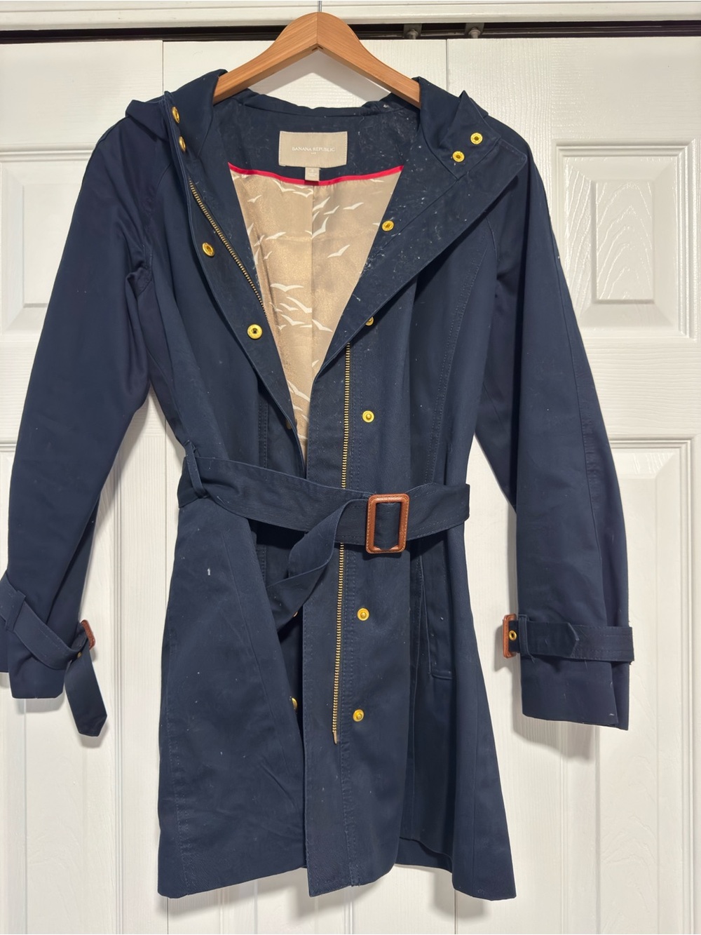 Banana Republic Navy Hooded Trench Coat with Gold Accents